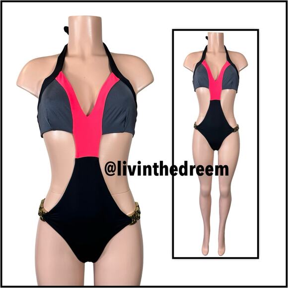 NWT Beach Bunny Bikini SHORELINES Chain Side Hip Skimpy Monokini L $185 - Picture 4 of 15